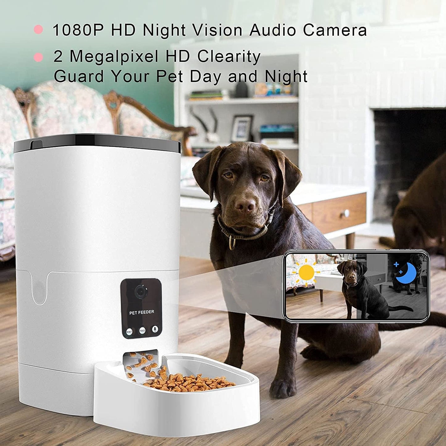 SmartPet Feeder,6L Automatic Pet Feeder for Cats and Dogs,1080P Camera,App Control,Voice Recorder,Timed Feeder for Schedule Feeding, Dual Power Supply,Wifi Pet Food Dispenser with App Control