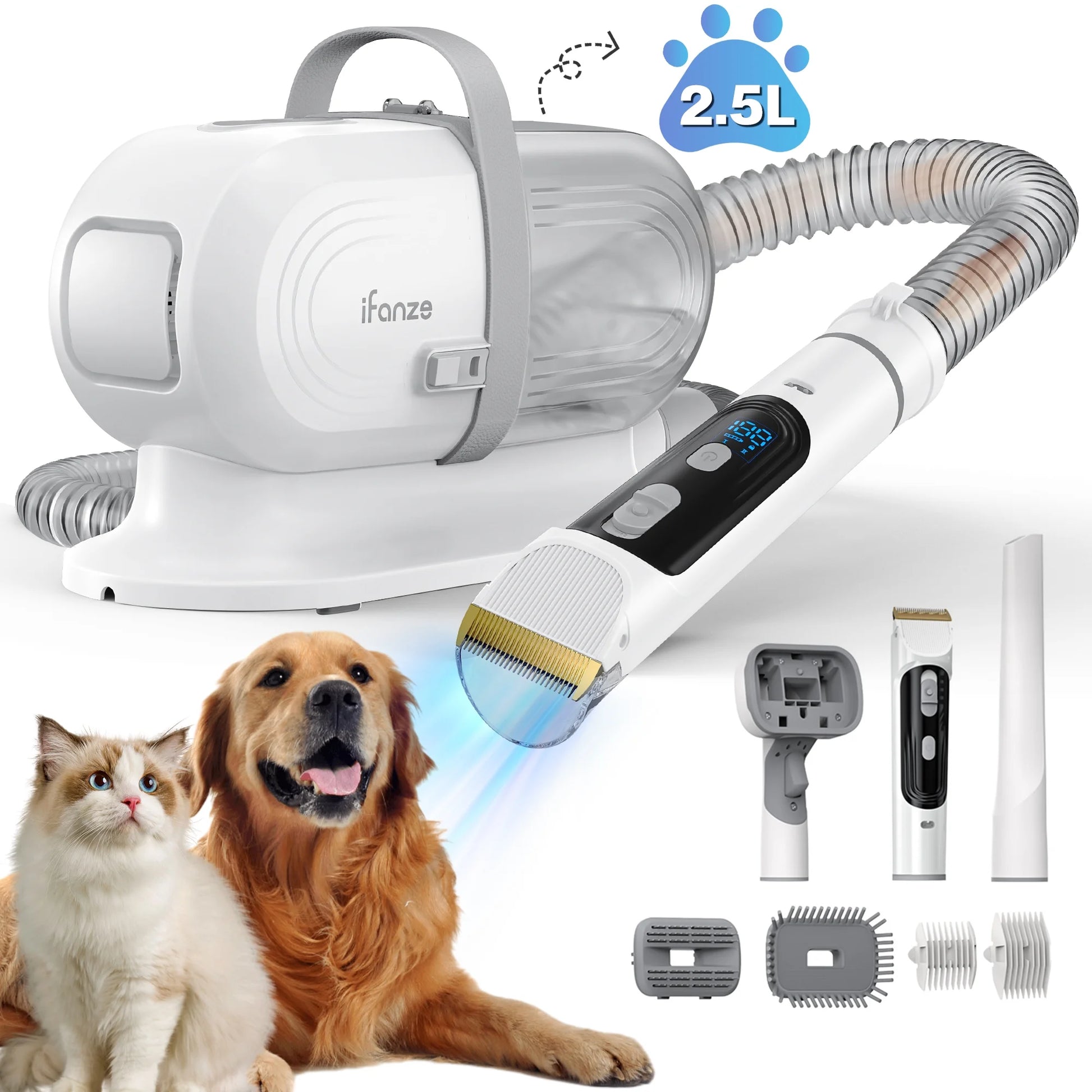 InstaRelief" Dog Grooming Kit & Vacuum, 2.5L Pet Hair Vacuum Suction 99% Pet Hair,3 Modes Suction Dog Grooming Clipper Kit,5 Pet Groomer Tools,Low Noise Pet Shedding Vacuum for Dogs Cats,White