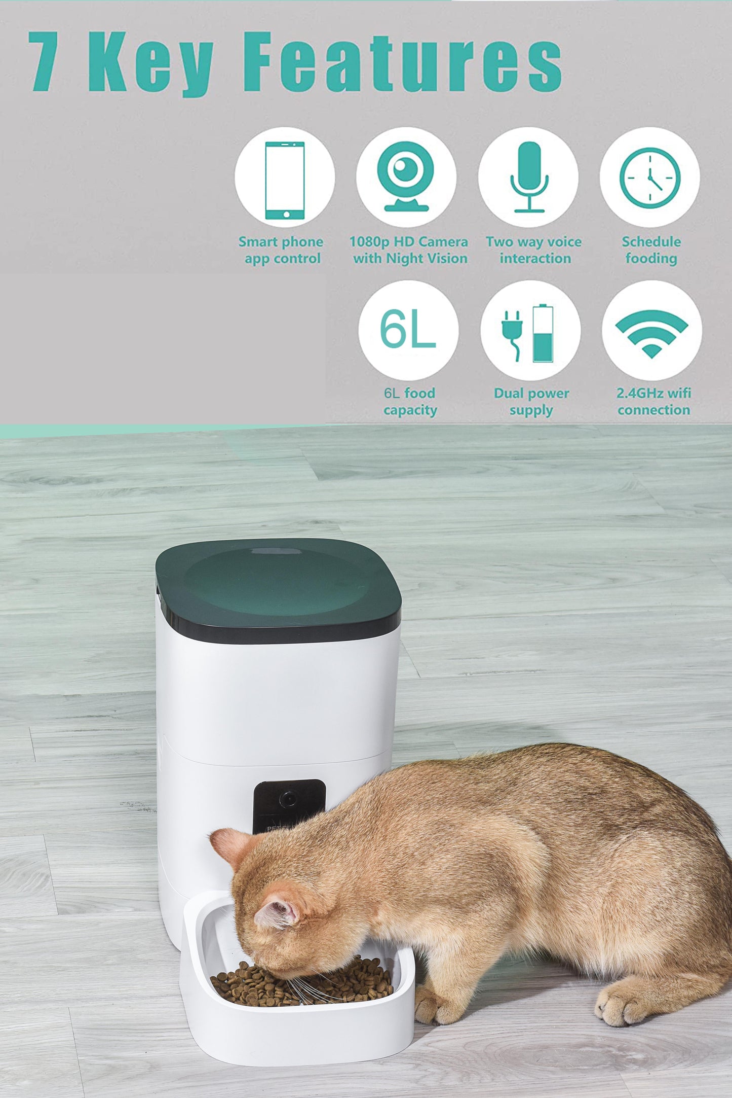 SmartPet Feeder,6L Automatic Pet Feeder for Cats and Dogs,1080P Camera,App Control,Voice Recorder,Timed Feeder for Schedule Feeding, Dual Power Supply,Wifi Pet Food Dispenser with App Control