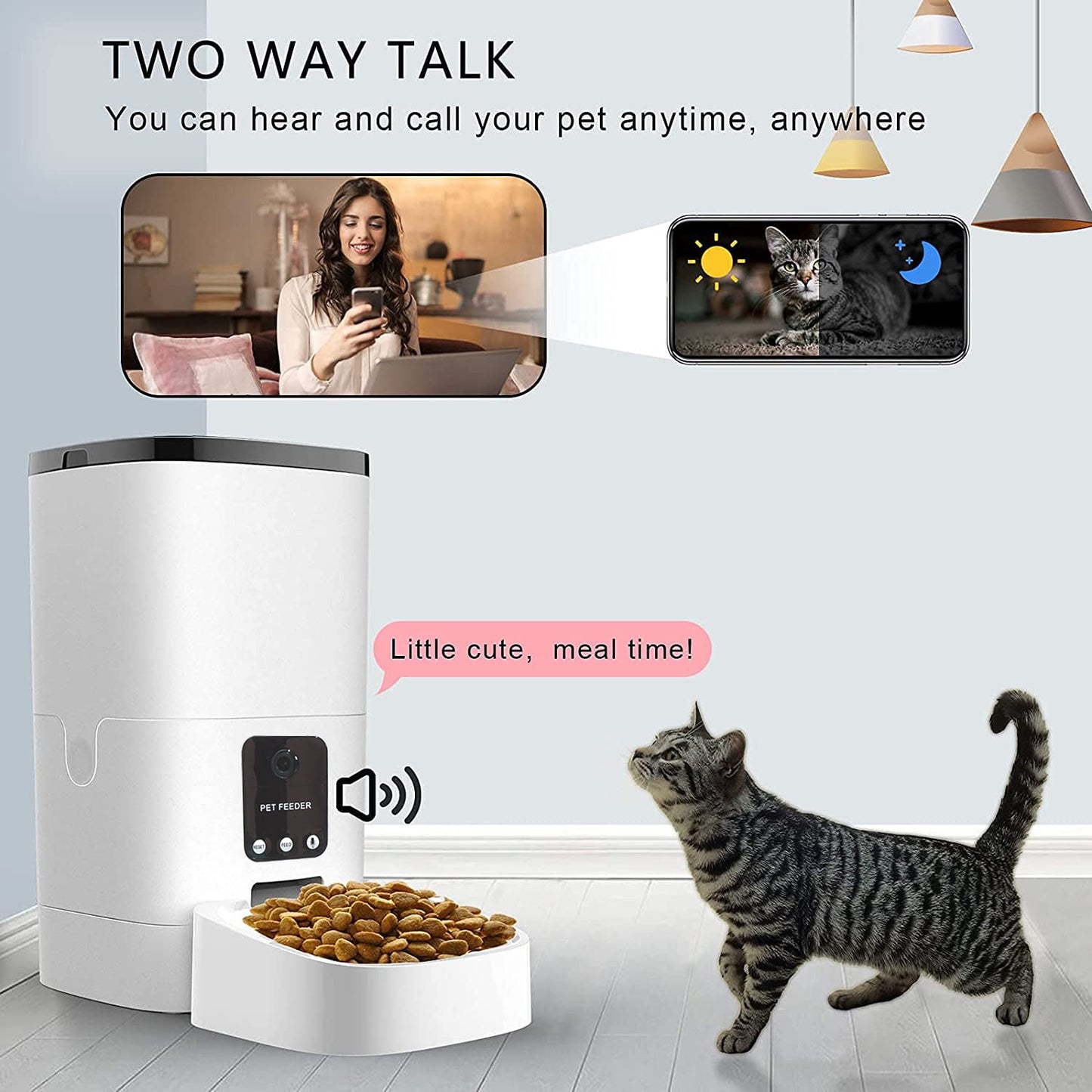 SmartPet Feeder,6L Automatic Pet Feeder for Cats and Dogs,1080P Camera,App Control,Voice Recorder,Timed Feeder for Schedule Feeding, Dual Power Supply,Wifi Pet Food Dispenser with App Control