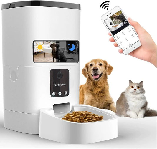 SmartPet Feeder,6L Automatic Pet Feeder for Cats and Dogs,1080P Camera,App Control,Voice Recorder,Timed Feeder for Schedule Feeding, Dual Power Supply,Wifi Pet Food Dispenser with App Control