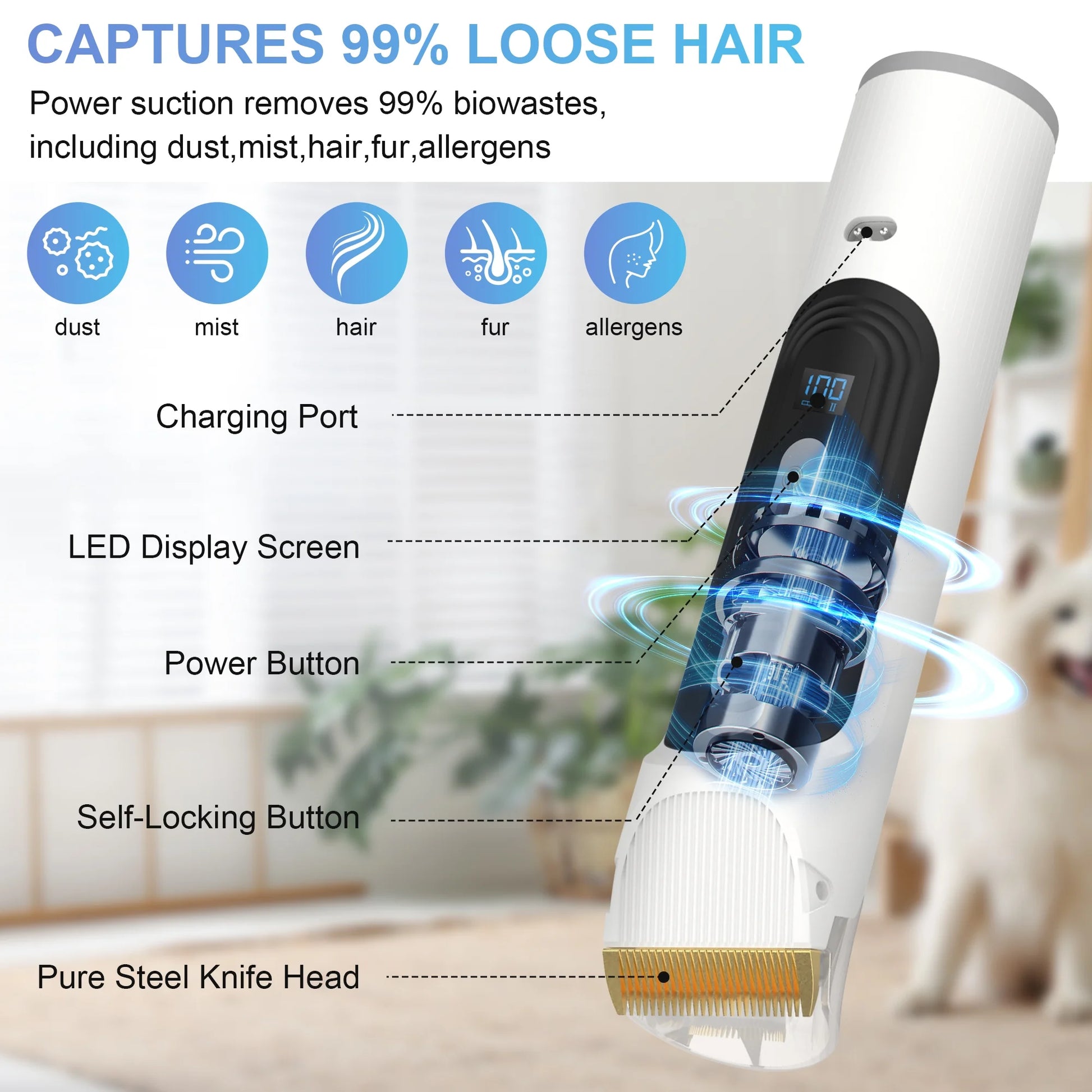 InstaRelief" Dog Grooming Kit & Vacuum, 2.5L Pet Hair Vacuum Suction 99% Pet Hair,3 Modes Suction Dog Grooming Clipper Kit,5 Pet Groomer Tools,Low Noise Pet Shedding Vacuum for Dogs Cats,White