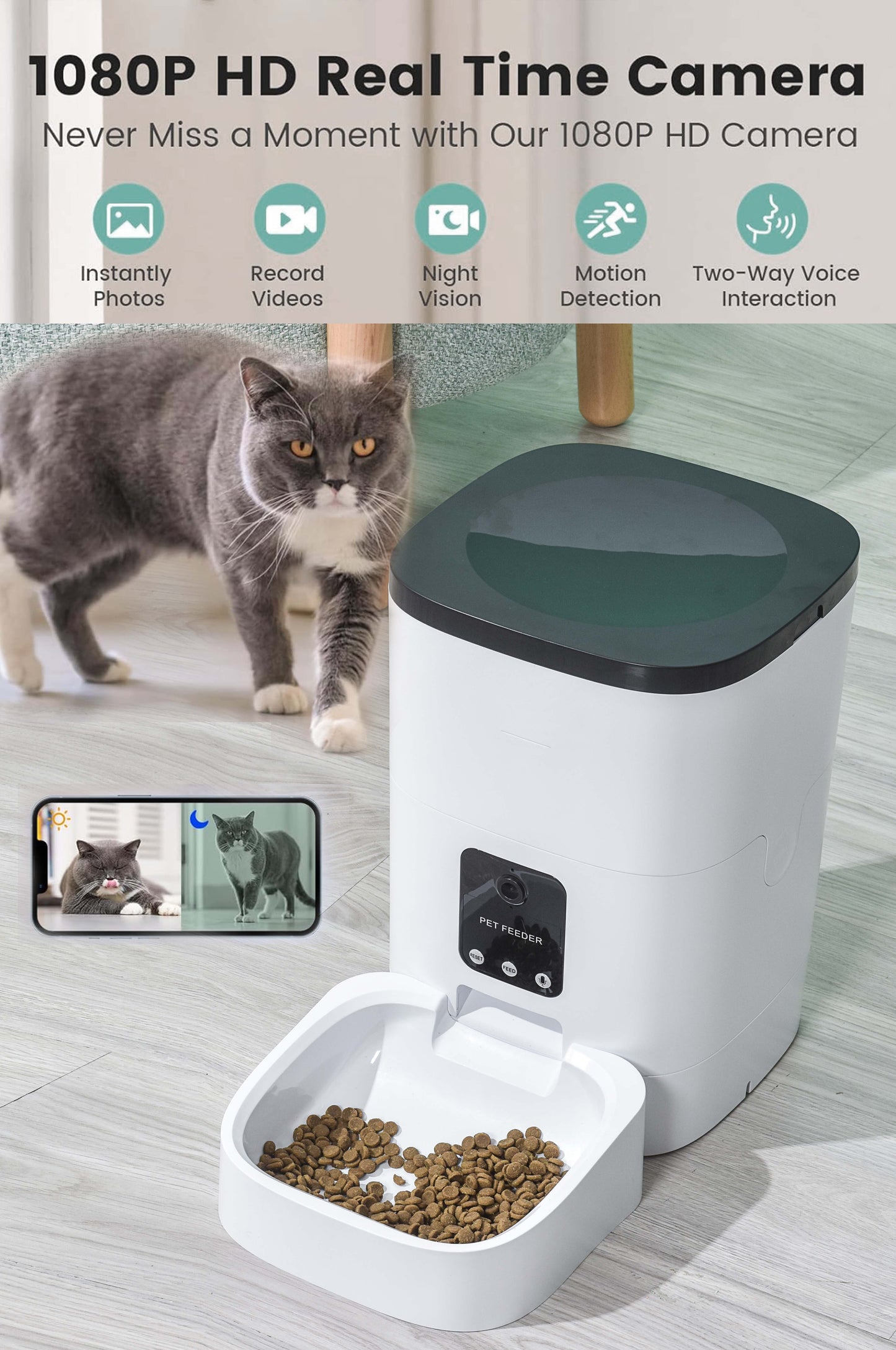 SmartPet Feeder,6L Automatic Pet Feeder for Cats and Dogs,1080P Camera,App Control,Voice Recorder,Timed Feeder for Schedule Feeding, Dual Power Supply,Wifi Pet Food Dispenser with App Control